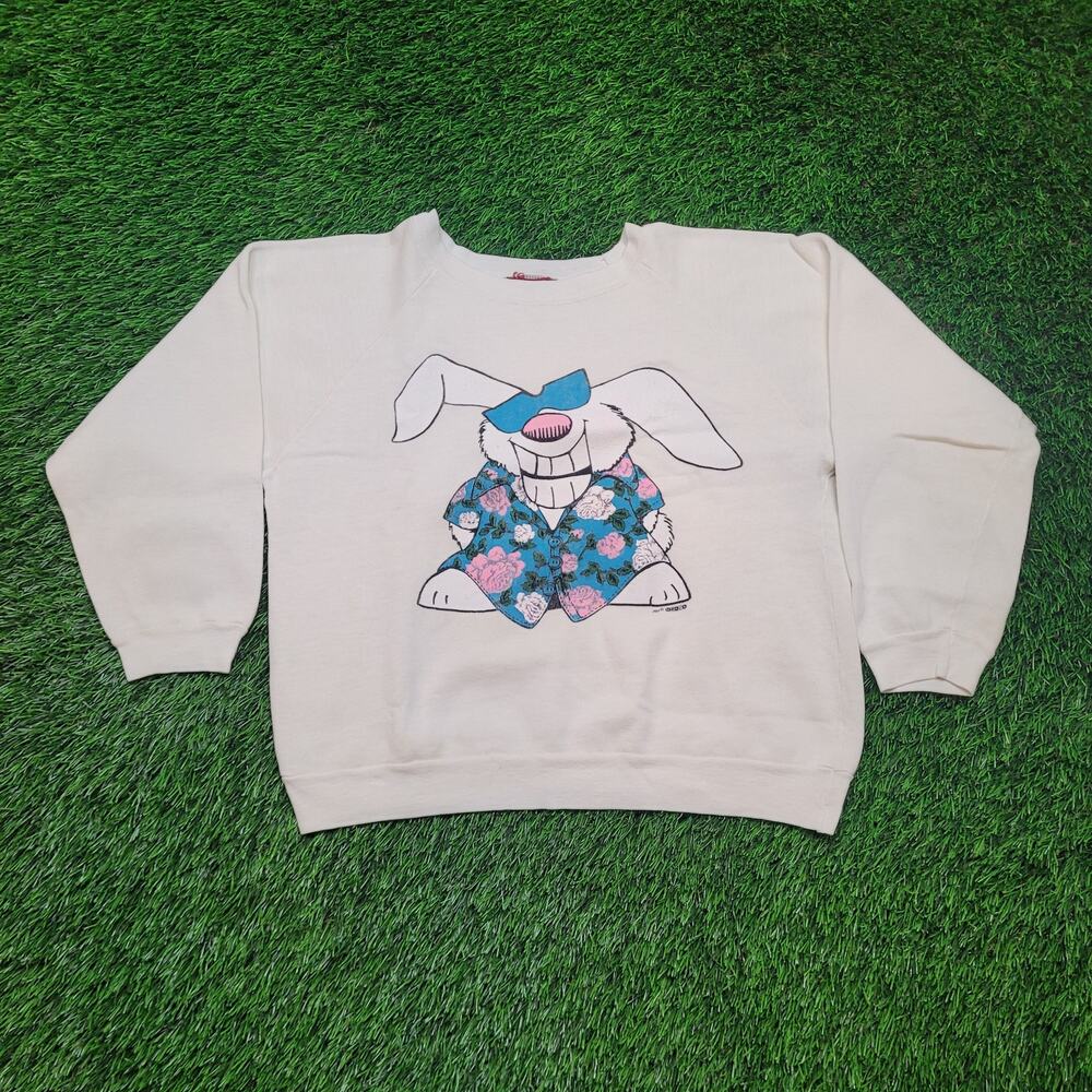 VTG 1985 Funny Rabbit Sweatshirt Womens Large (Tagged M) Cropped 3/4 Sleeve